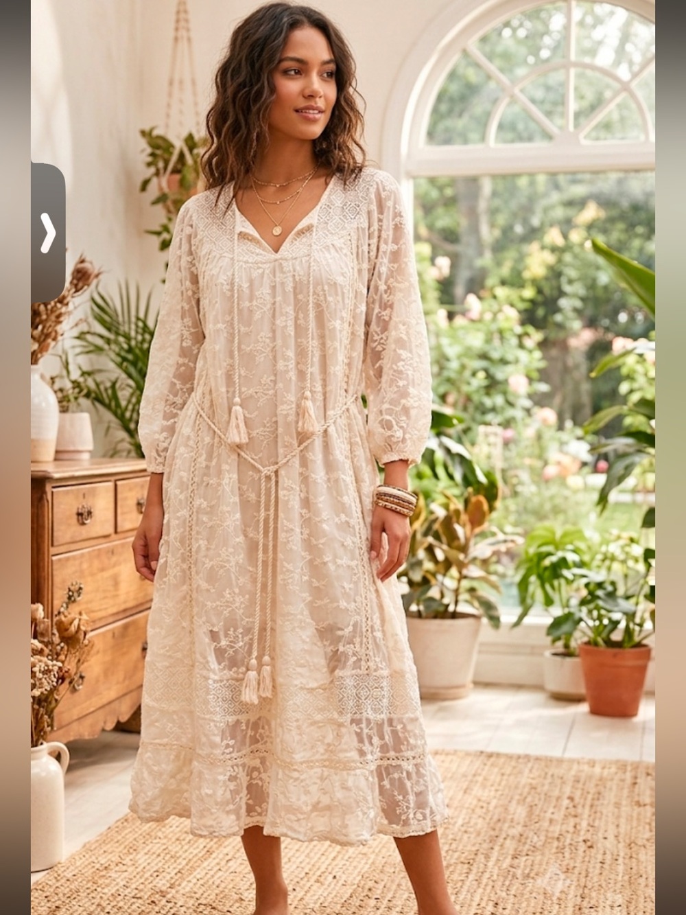 Anthropologie Blue Tassel Julia Lace Peasant Dress in Cream Ivory NWT